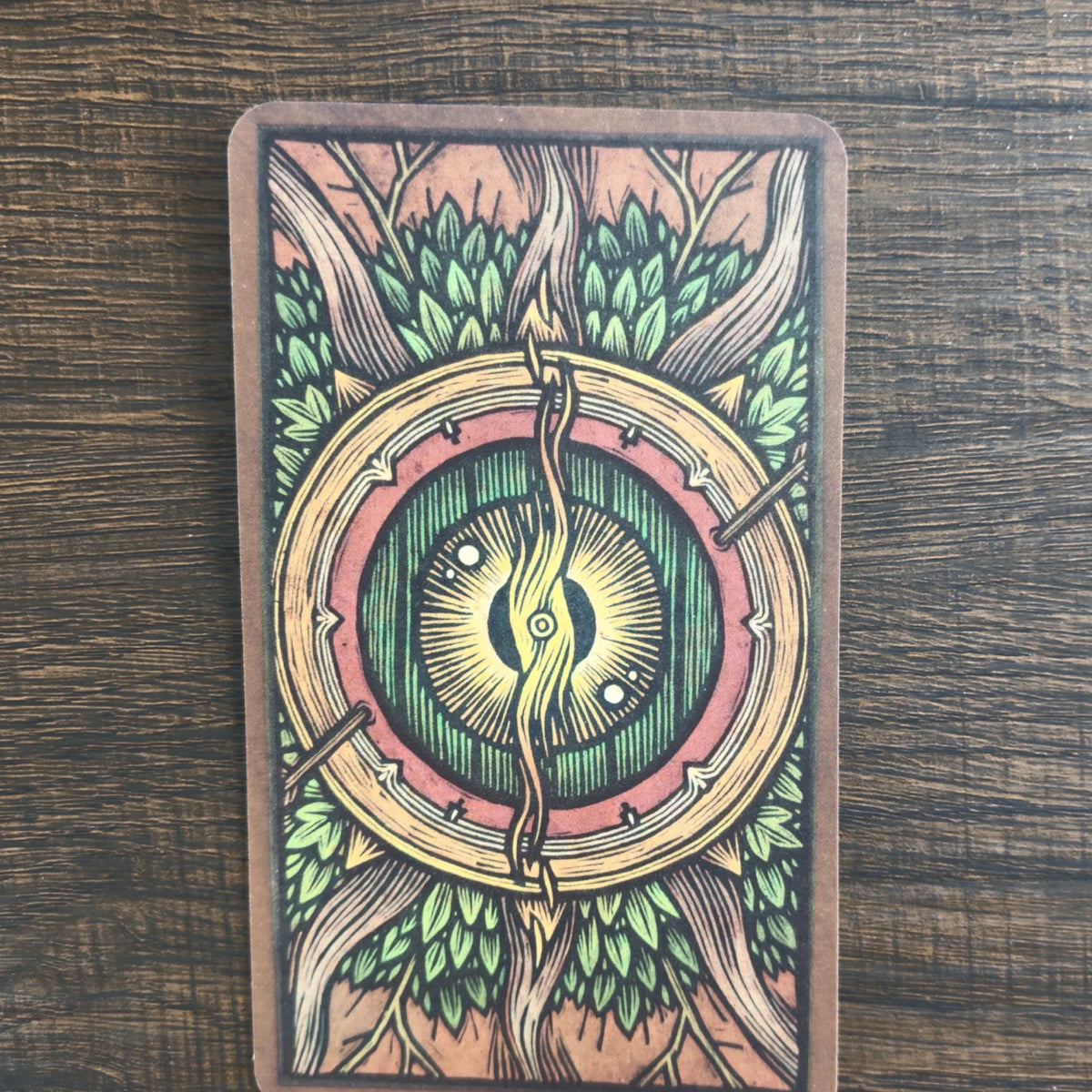 Baksidan på korten i The Lord of the Rings Tarot med ett runt, symmetriskt mönster av löv och trädrötter i grönt och rött